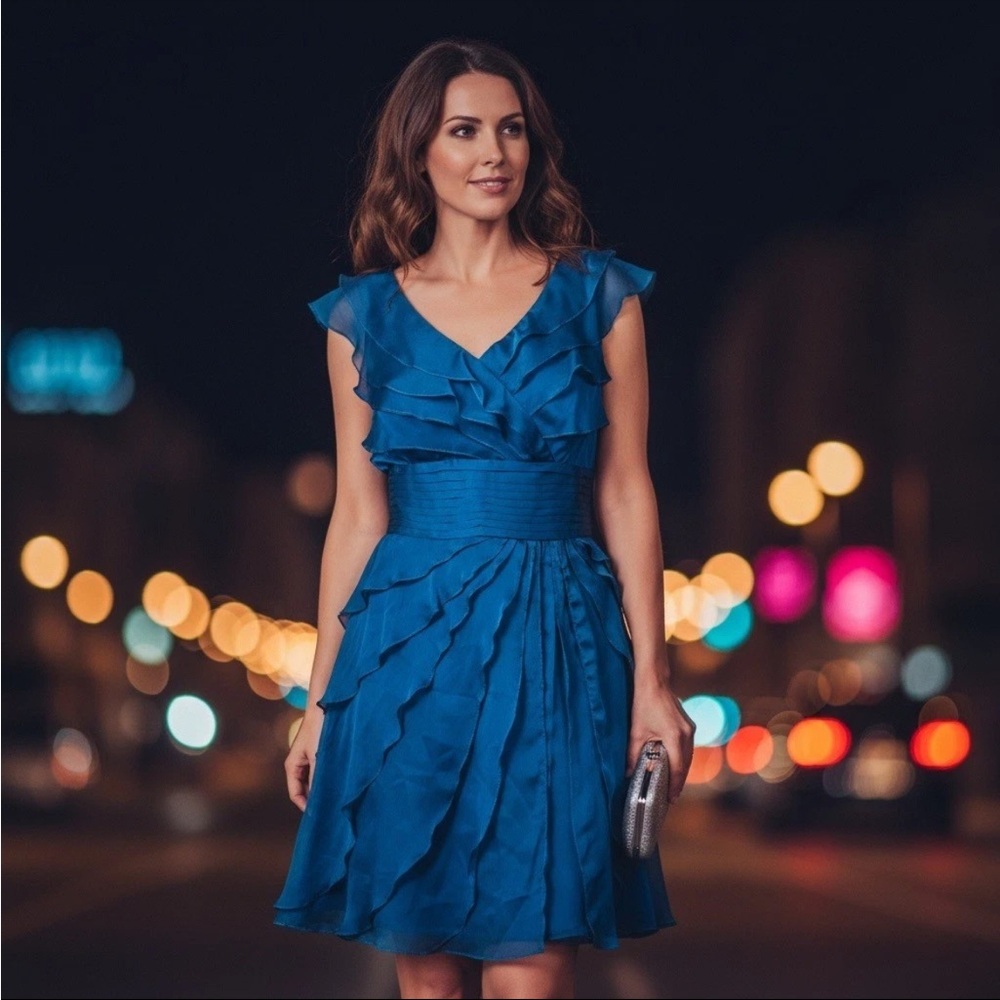 Adrianna Papell Teal Layered V-Neck Midi Dress
